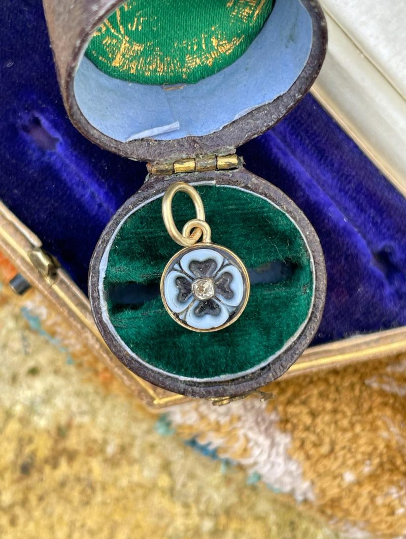 Antique Victorian Carved Agate and Old Cut Diamond Flower Charm