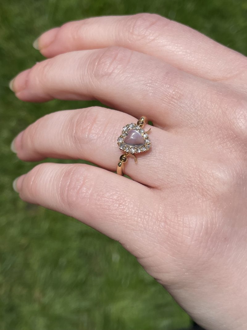 Antique Early Victorian Carved Moonstone & Rose Cut Diamond Heart Ring