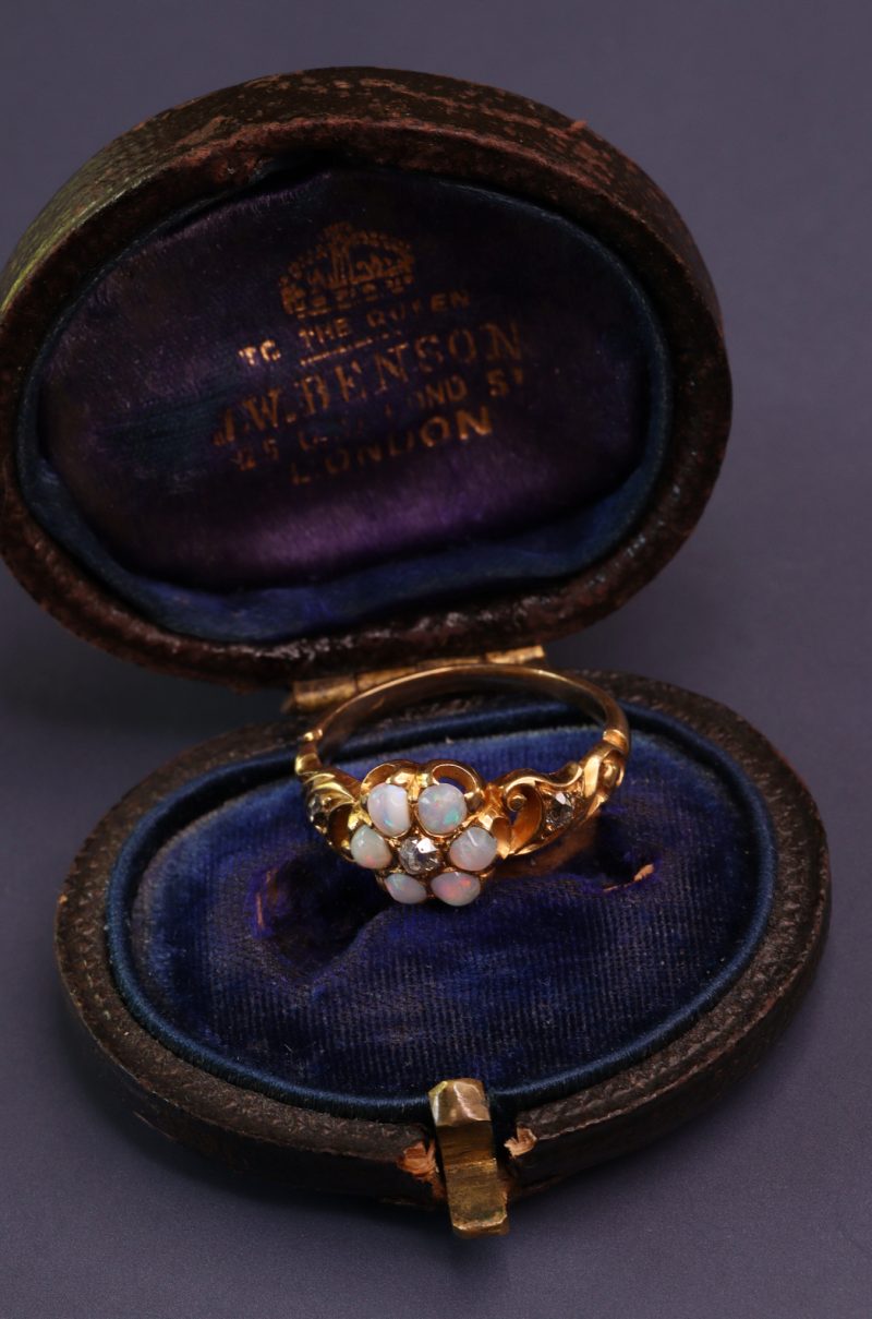 Antique 18ct Gold Opal And Old Cut Diamond Daisy Ring