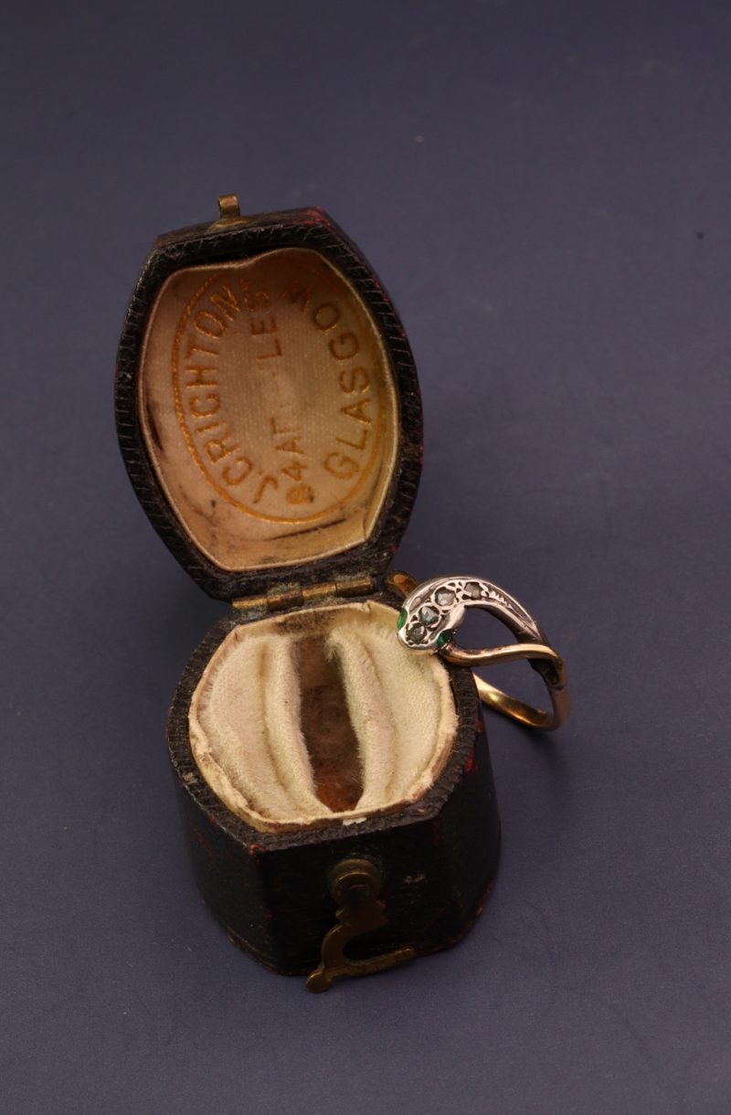Antique Victorian Silver & 18ct Gold Emerald and Diamond Snake Ring