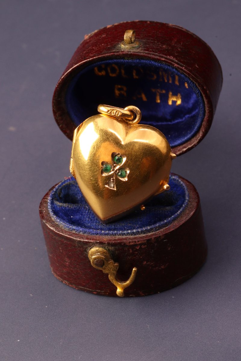 Antique Victorian 22ct Gold Lucky Clover Heart Locket with Emerald and Rose Cut Diamond Detail